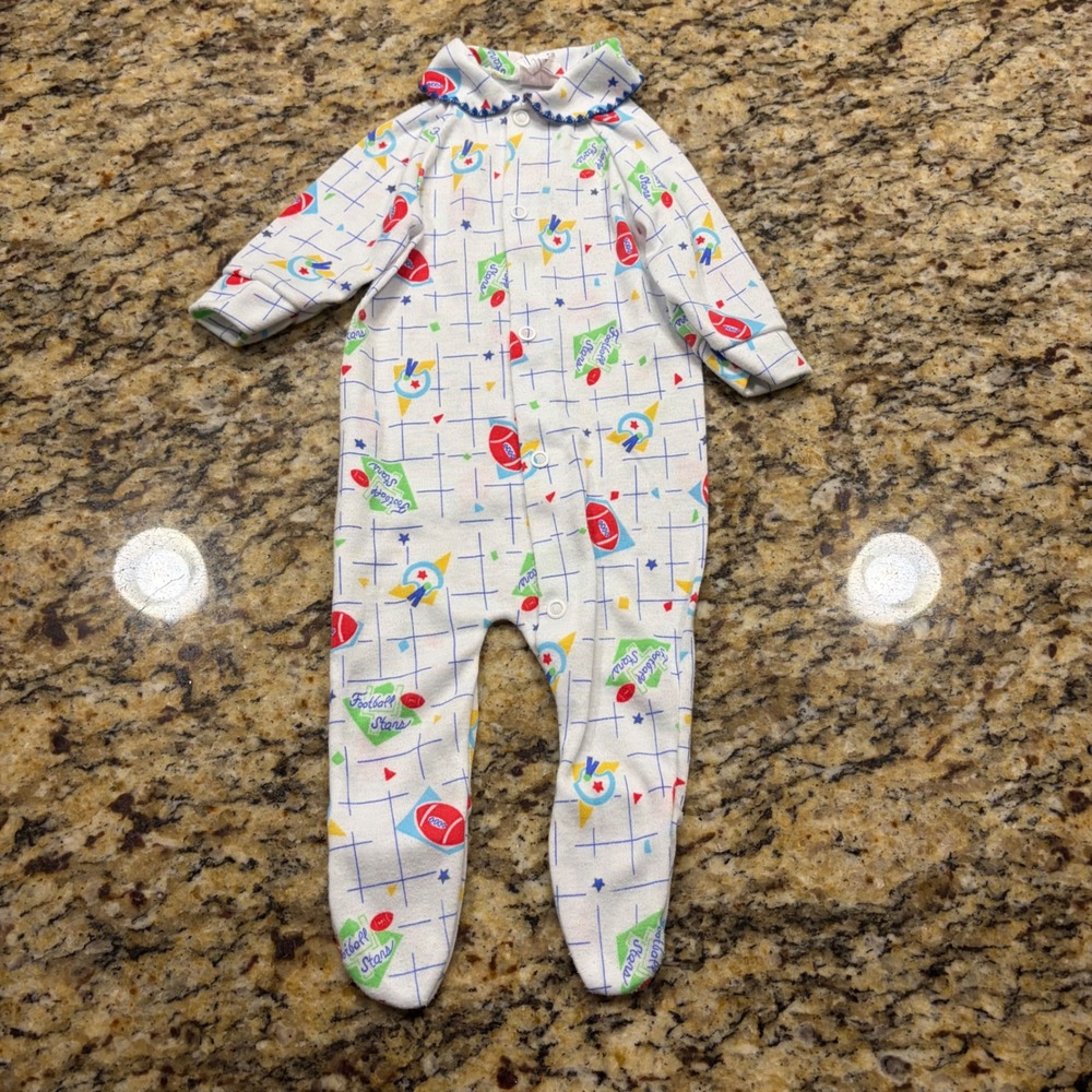 Vintage Playskool Baby Football Stars Footed Sleeper Pajamas White Blue Red 8255